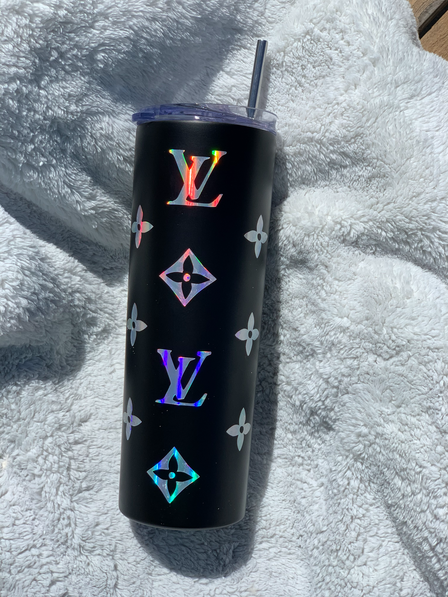 Designer inspired 30 ounce tumbler, LV, Louis, black and shimmer with  holographic design, …